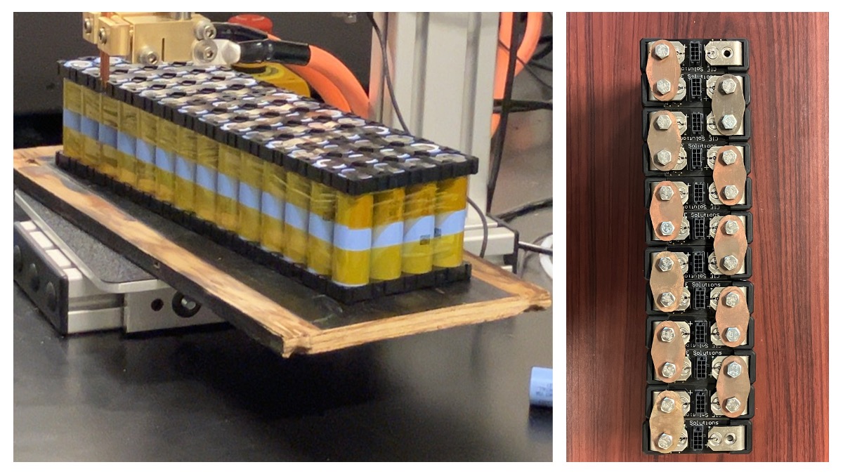 Two battery packs: one spot welded and one using mechanical bus bars